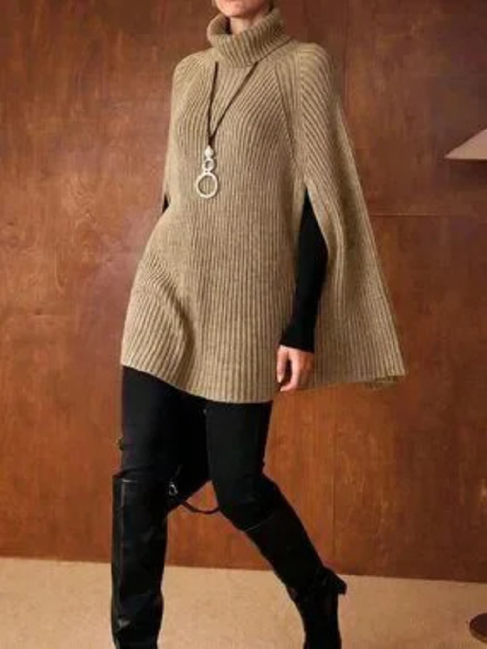 Khaki Casual Women's High Neck Ribbed Knit Cape Sweater